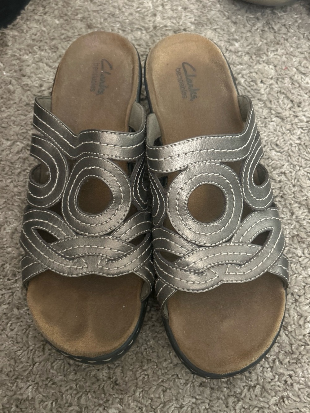 Clarks Metallic Pewter Slide Sandals